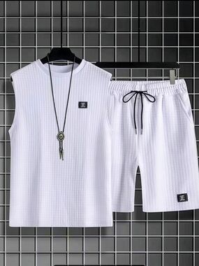 Classic White Ribbed Sleeveless Tank Top and Shorts Set